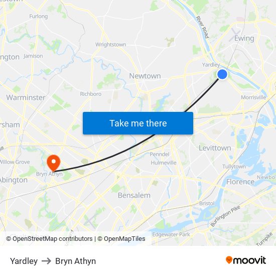 Yardley to Bryn Athyn map