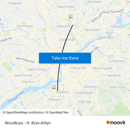Woodbury to Bryn Athyn map
