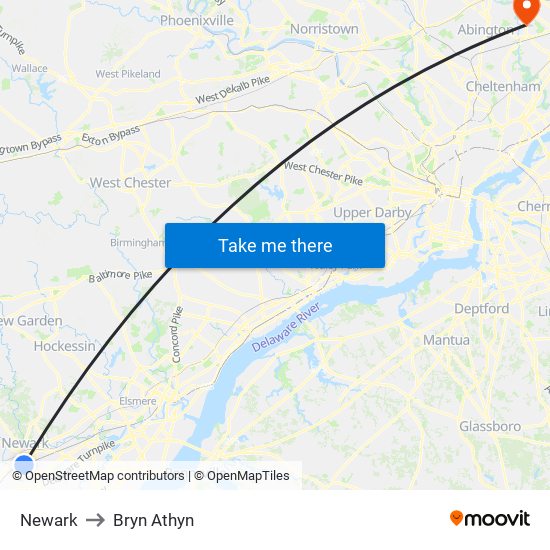 Newark to Bryn Athyn map