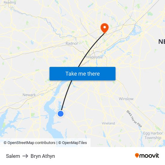 Salem to Bryn Athyn map