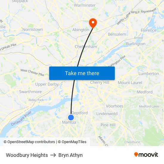 Woodbury Heights to Bryn Athyn map