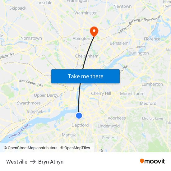 Westville to Bryn Athyn map