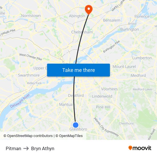 Pitman to Bryn Athyn map