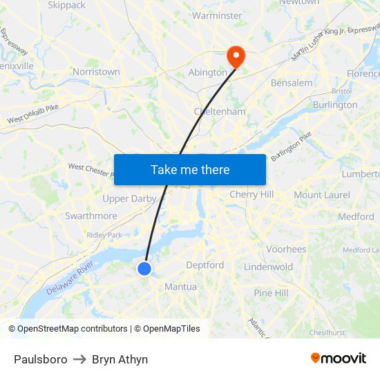 Paulsboro to Bryn Athyn map