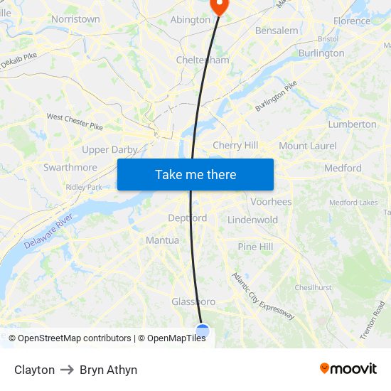 Clayton to Bryn Athyn map