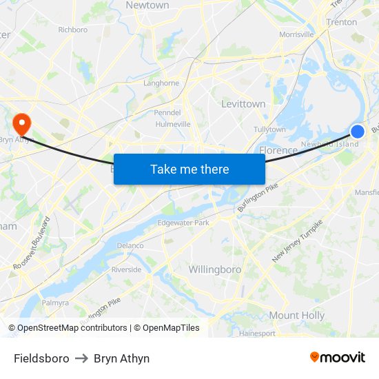 Fieldsboro to Bryn Athyn map
