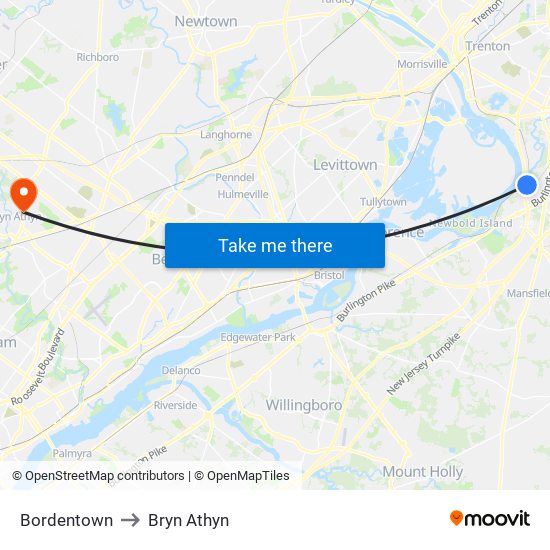 Bordentown to Bryn Athyn map