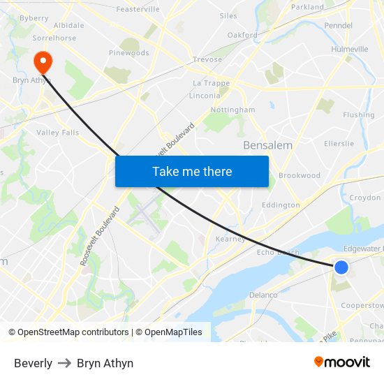 Beverly to Bryn Athyn map