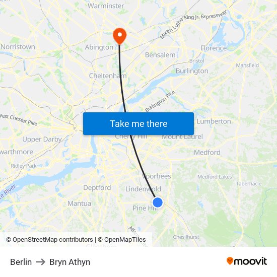 Berlin to Bryn Athyn map