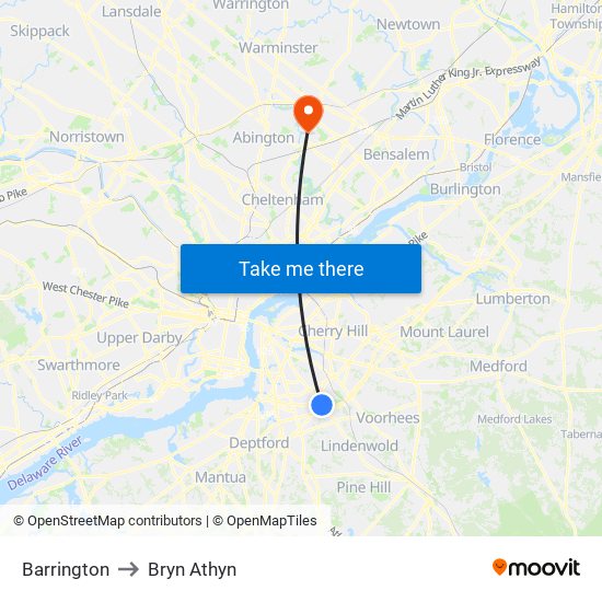 Barrington to Bryn Athyn map