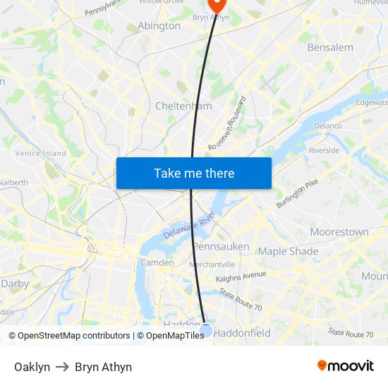 Oaklyn to Bryn Athyn map