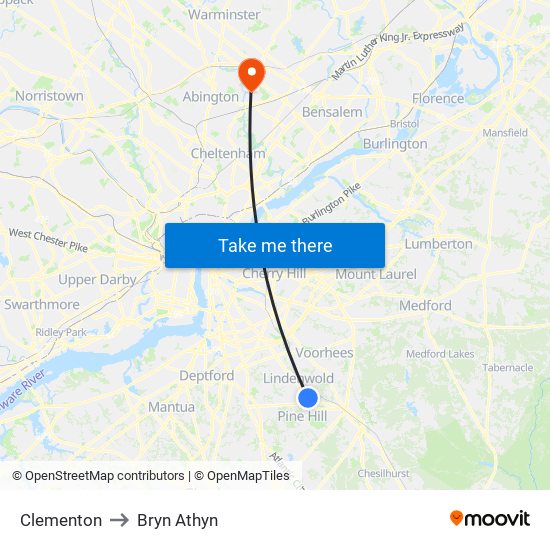 Clementon to Bryn Athyn map