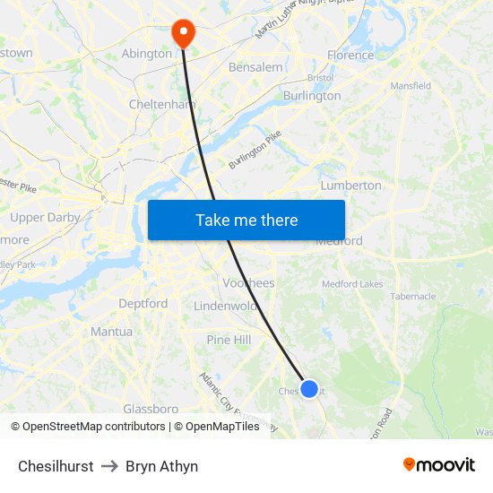 Chesilhurst to Bryn Athyn map