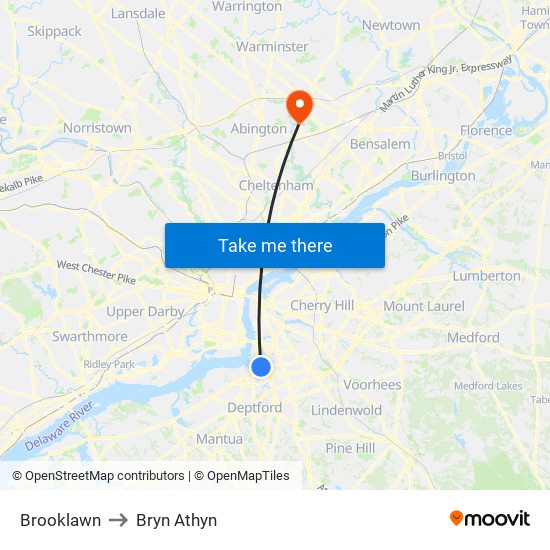 Brooklawn to Bryn Athyn map