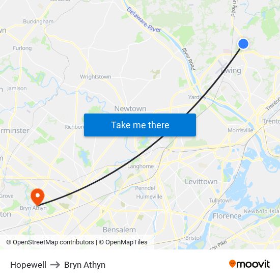 Hopewell to Bryn Athyn map