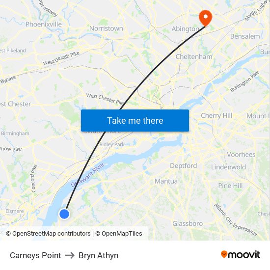 Carneys Point to Bryn Athyn map
