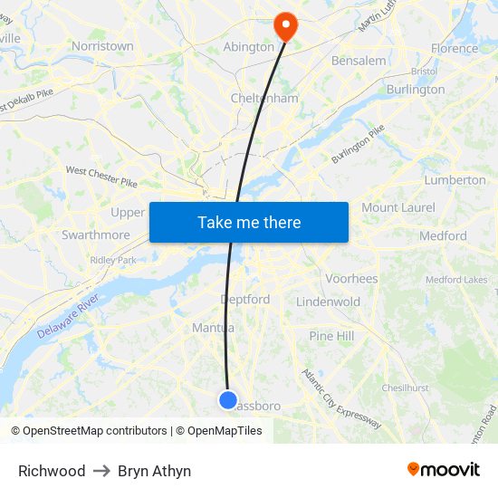 Richwood to Bryn Athyn map