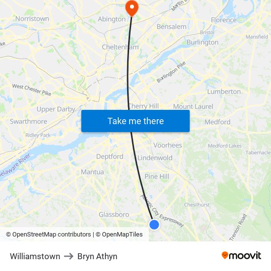 Williamstown to Bryn Athyn map
