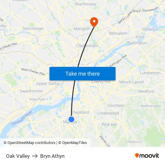 Oak Valley to Bryn Athyn map