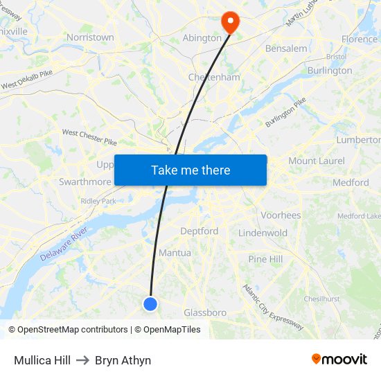 Mullica Hill to Bryn Athyn map