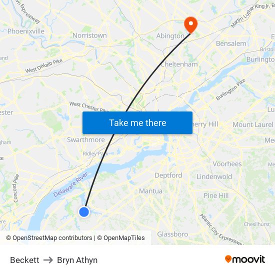 Beckett to Bryn Athyn map
