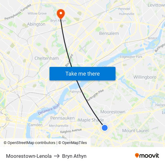 Moorestown-Lenola to Bryn Athyn map