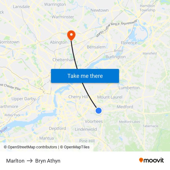 Marlton to Bryn Athyn map