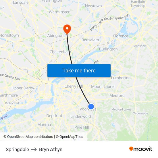 Springdale to Bryn Athyn map