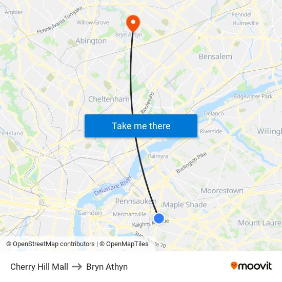 Cherry Hill Mall to Bryn Athyn map