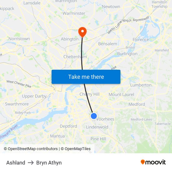 Ashland to Bryn Athyn map