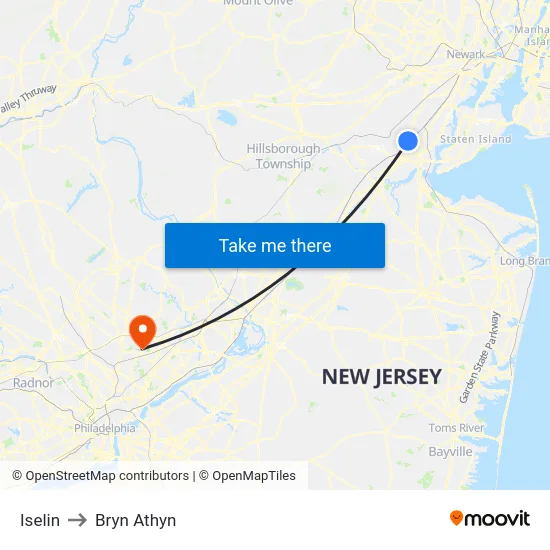 Iselin to Bryn Athyn map