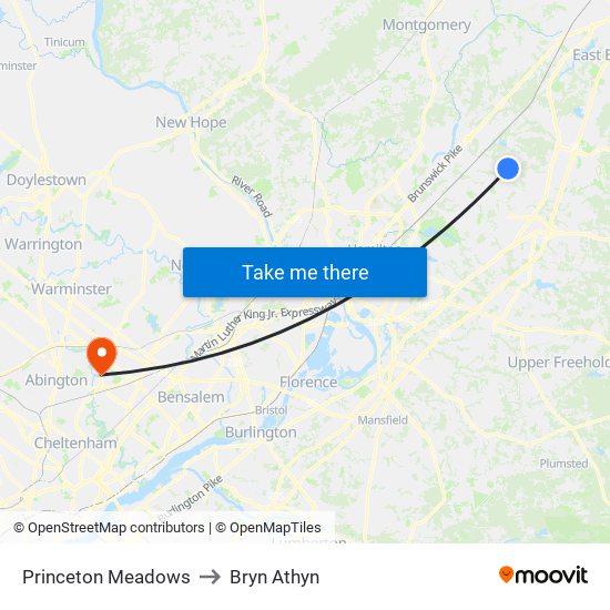 Princeton Meadows to Bryn Athyn map