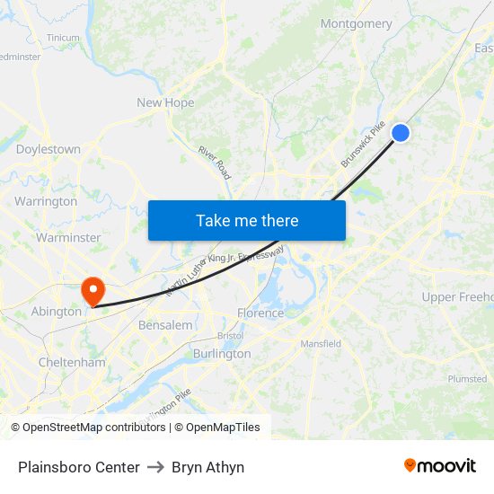 Plainsboro Center to Bryn Athyn map