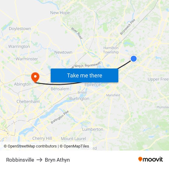 Robbinsville to Bryn Athyn map