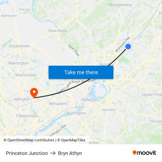 Princeton Junction to Bryn Athyn map