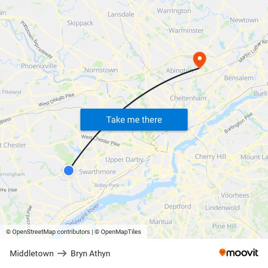 Middletown to Bryn Athyn map