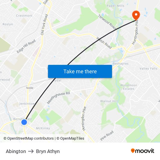 Abington to Bryn Athyn map