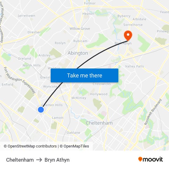 Cheltenham to Bryn Athyn map