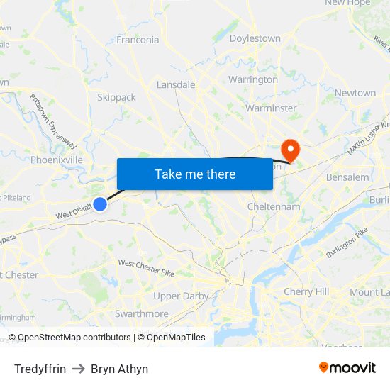 Tredyffrin to Bryn Athyn map