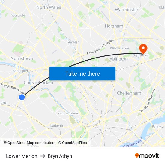 Lower Merion to Bryn Athyn map