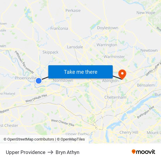 Upper Providence to Bryn Athyn map