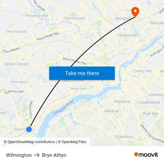 Wilmington to Bryn Athyn map