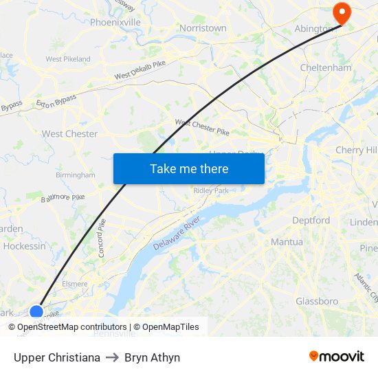 Upper Christiana to Bryn Athyn map