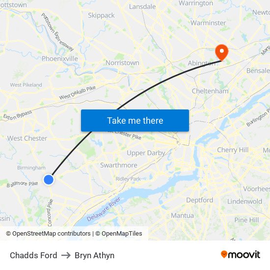 Chadds Ford to Bryn Athyn map