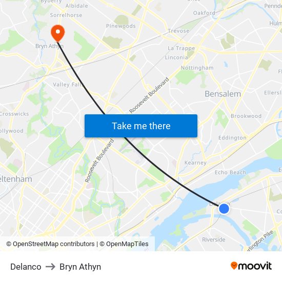 Delanco to Bryn Athyn map