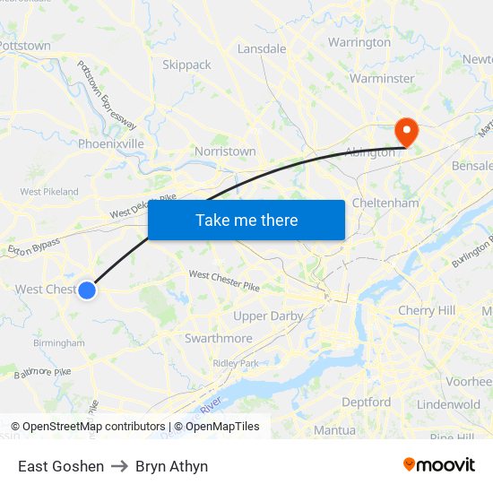 East Goshen to Bryn Athyn map