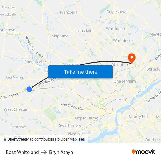 East Whiteland to Bryn Athyn map