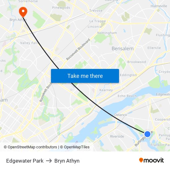 Edgewater Park to Bryn Athyn map