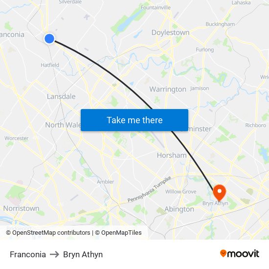 Franconia to Bryn Athyn map