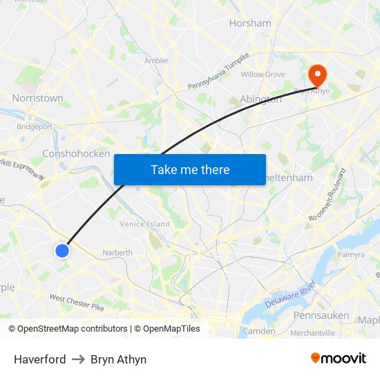 Haverford to Bryn Athyn map